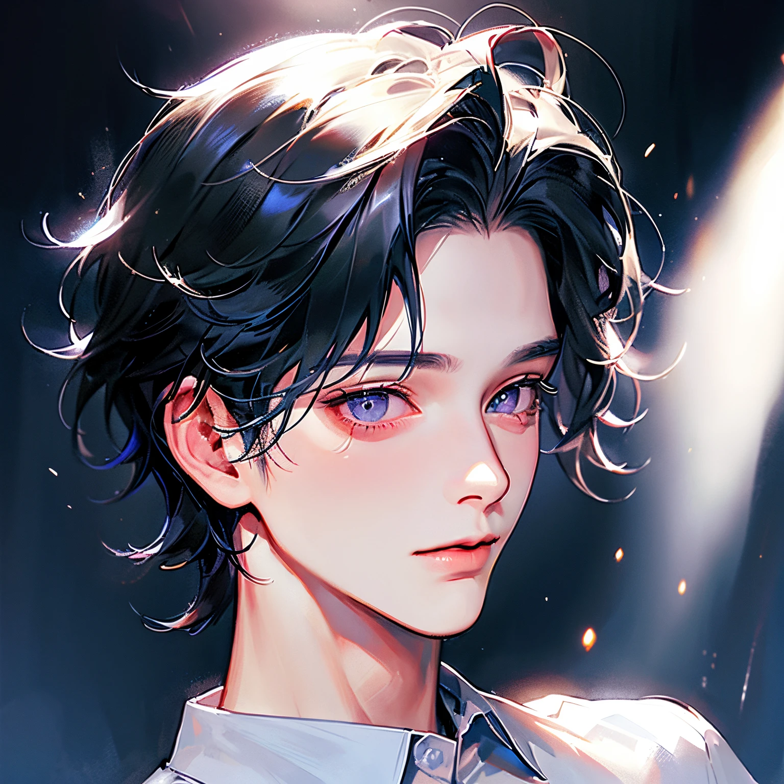 vivid22eyes,solo, black hair, portrait, parted lips, male focus, 1boy, short hair,  background, shirt, lips, white shirt, black eyes, blue background, white background, eyelashes, close-up, sky, realistic, collared shirt, blue sky, looking away,