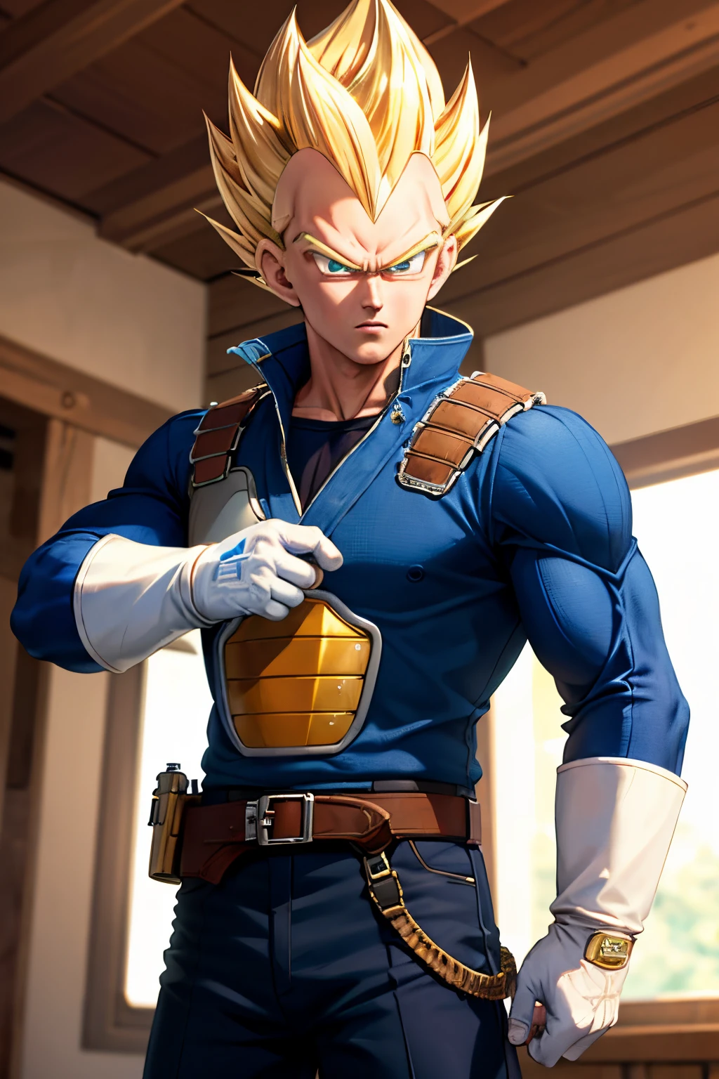 (masterpiece, best quality: 1.2), cowboy shot, solo, male focus, 1boy, vegeta, serious, looking at the viewer, spiked blonde hair, green eyes, armor, white gloves, martial arts