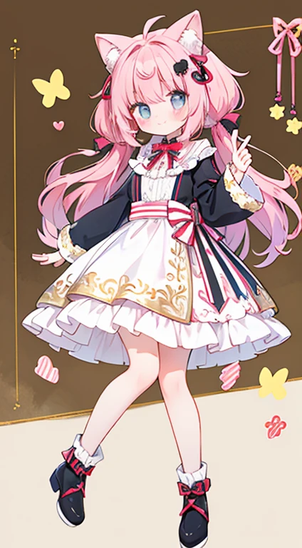 Standing Picture、FULL-BODY ESBIAN、masterpiece、quality、long、image quality、e Babrtle、one-girl、one with pink hair、ribbon on head、Ribbon clothing、frilld、Sano、piece sign、Double peace sign、a pink eyes、