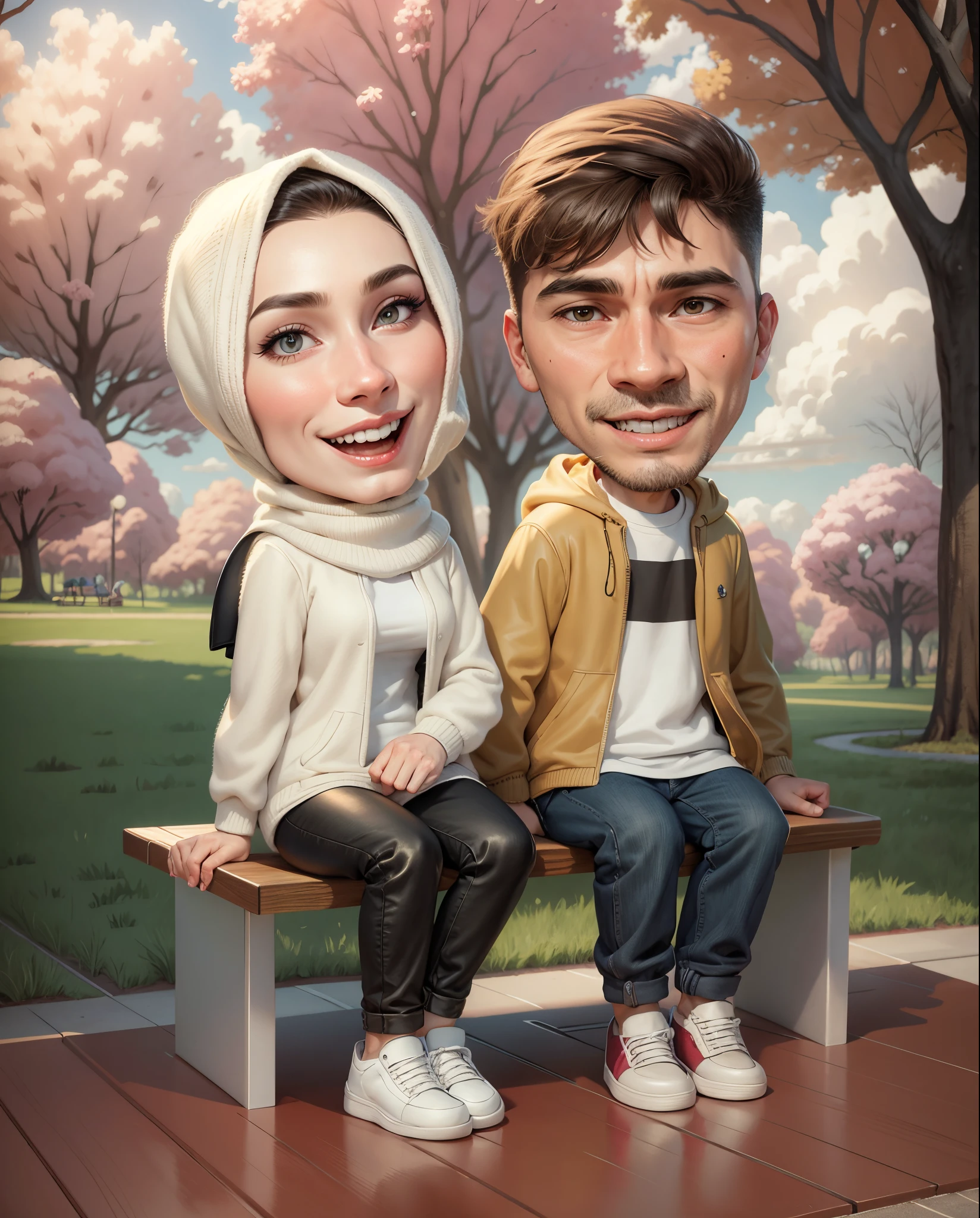 cartoon couple sitting on a bench in a park with trees, digital art cartoon, cartoon artstyle, realistic cartoon, cartoon digital art, in cartoon style, cartoon art style, cartoon art, cartoon digital painting, realism artstyle, caricature illustration, photorealistic!!!!!!! art style, happy couple, cartoon style illustration, cartoon portrait, potrait, digital cartoon painting art, couple