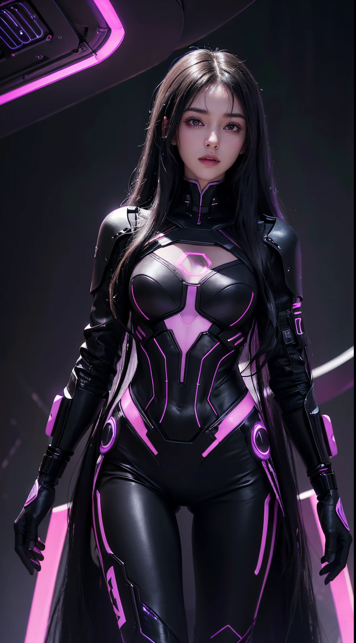 (Long black curly hair with purple neon lights:1.2), best images quality, tmasterpiece, 超高分辨率, (Fidelity:1.4), ((cyber punk personage)), Mira Kunis, deep understanding, , Web clothing, A futuristic, ((Award-winning hyper-realistic photos))，(hyper-detailing），(High resolution CGI artwork 8k), LED lights, Ambient lighting, Extremely dark solid black background