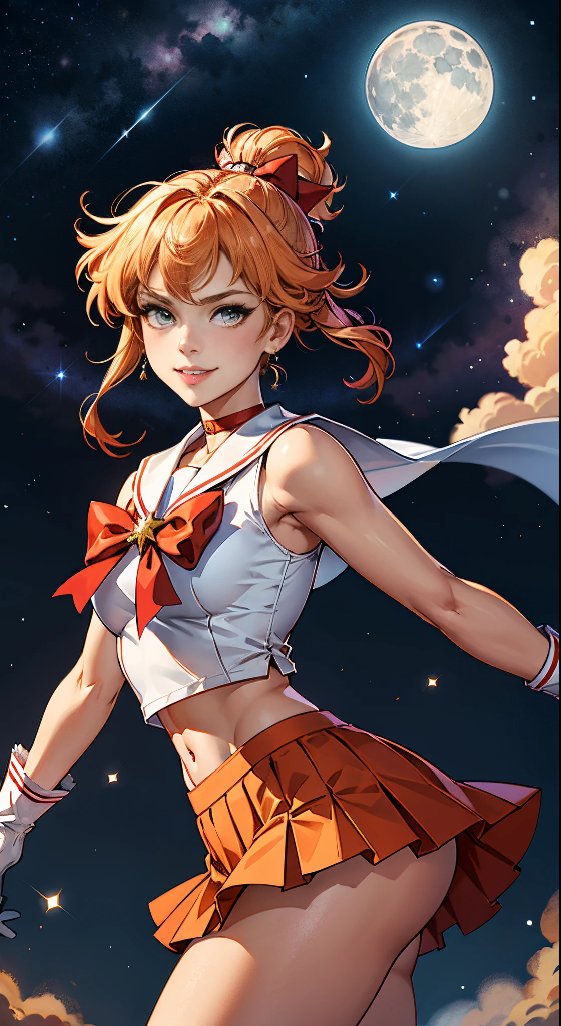 masutepiece, Best Quality, hight resolution, SV1, Sailor Senshi Uniform, Orange skirt, pants white shortle view、elbow groves, tiarra, Pleated skirt, Flipping up a miniskirt, White panty、Red bow, orangechoker, White Gloves, Jewelry, Starry sky, badass pose, slight smile, Portrait, floating, Moon, Upper body