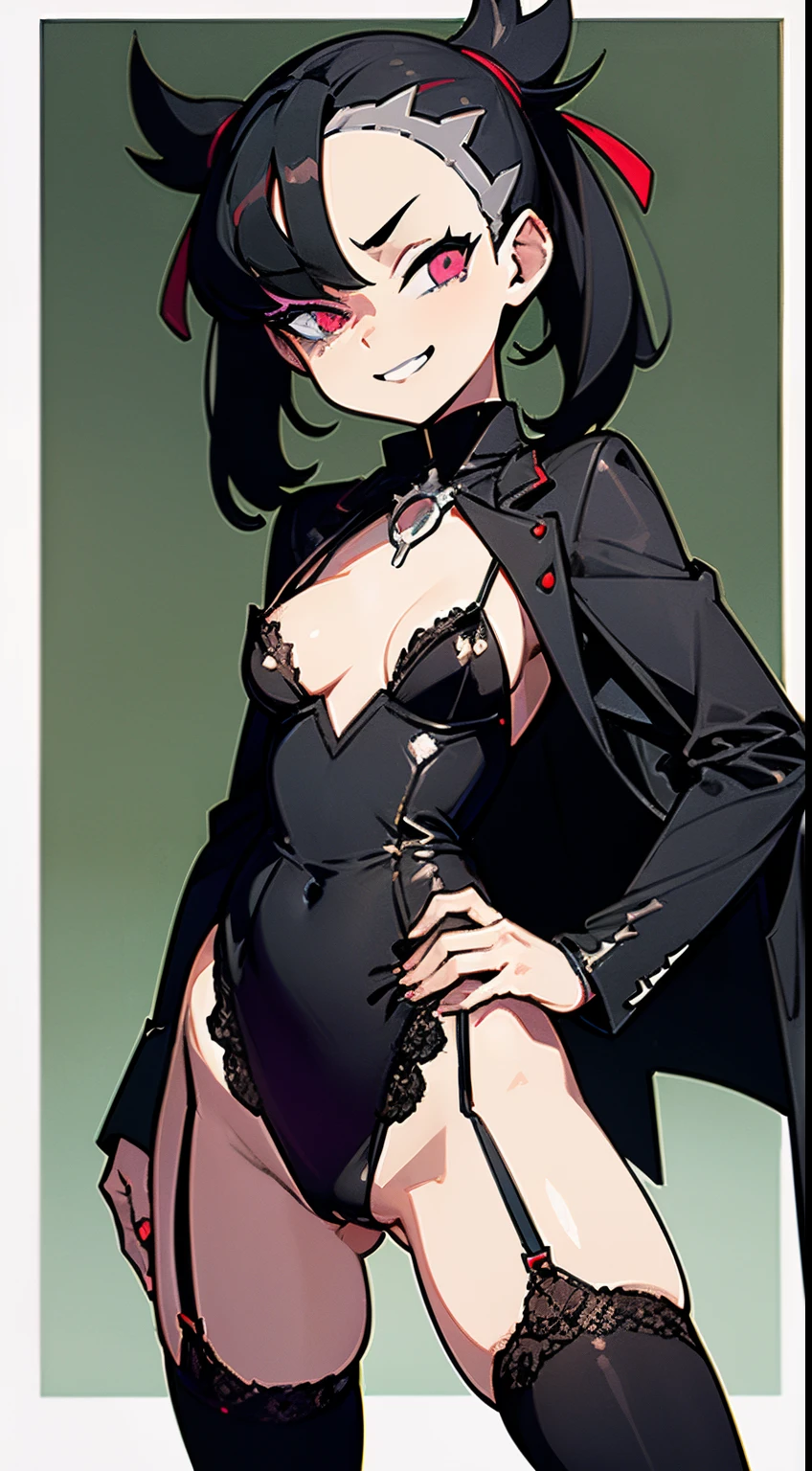 masterpiece, best quality, detail background, perfect anatomy, Marnie possessed by perverted man, lolicon, in lustful hotel background, lingerie, evil grin, glowing red eyes, looking at viewer, lingerie, nsfw, standing, small breast, slender body