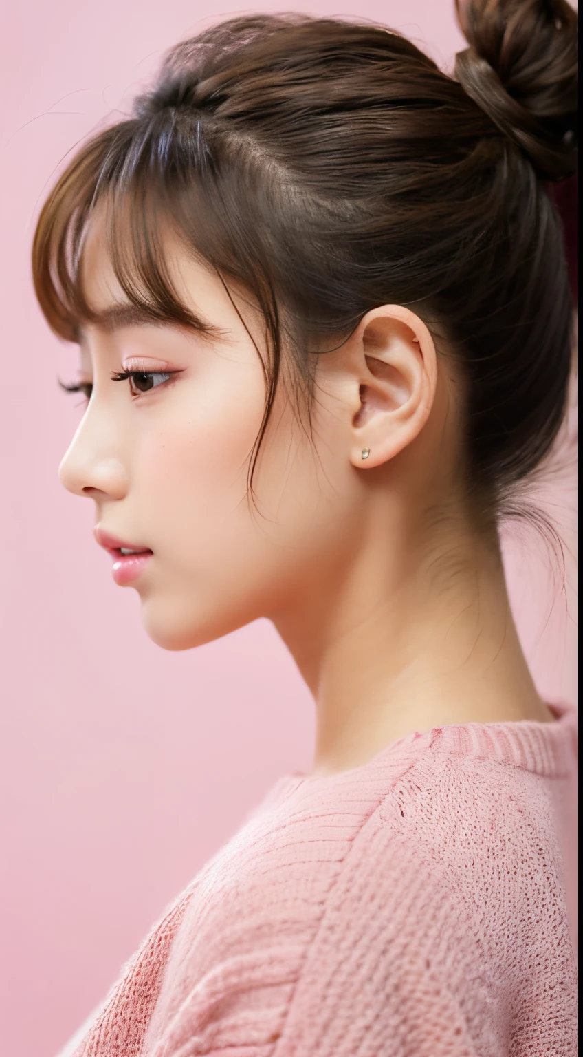 Masterpiece, Best Quality, 1girls, profile, ponytail, updo hair, nape of neck, pink lips, slightly upturned nose, long eyelashes, realistic skin texture, attractive face, blurred, white background