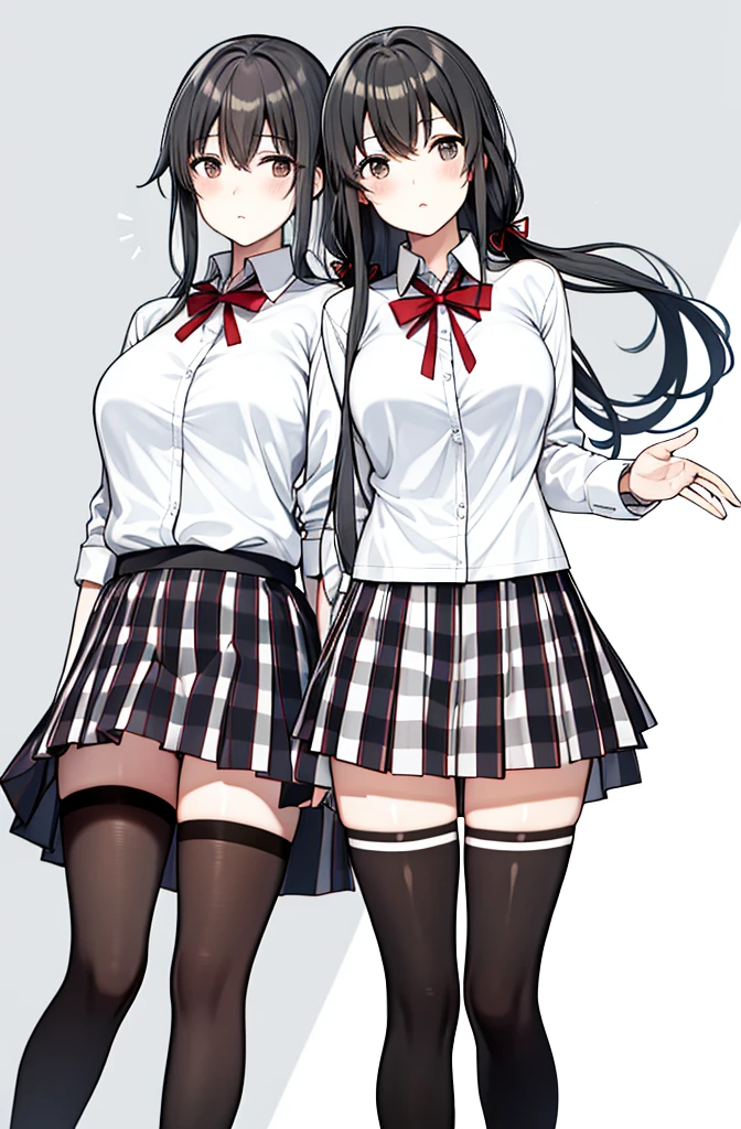 yukino yukinoshita, absurdres, highres, solo, school uniform, big breasts, waist long black hair, twintails, miniskirt, black thighhigh socks, loose red ribbon, unbuttoned white shirt