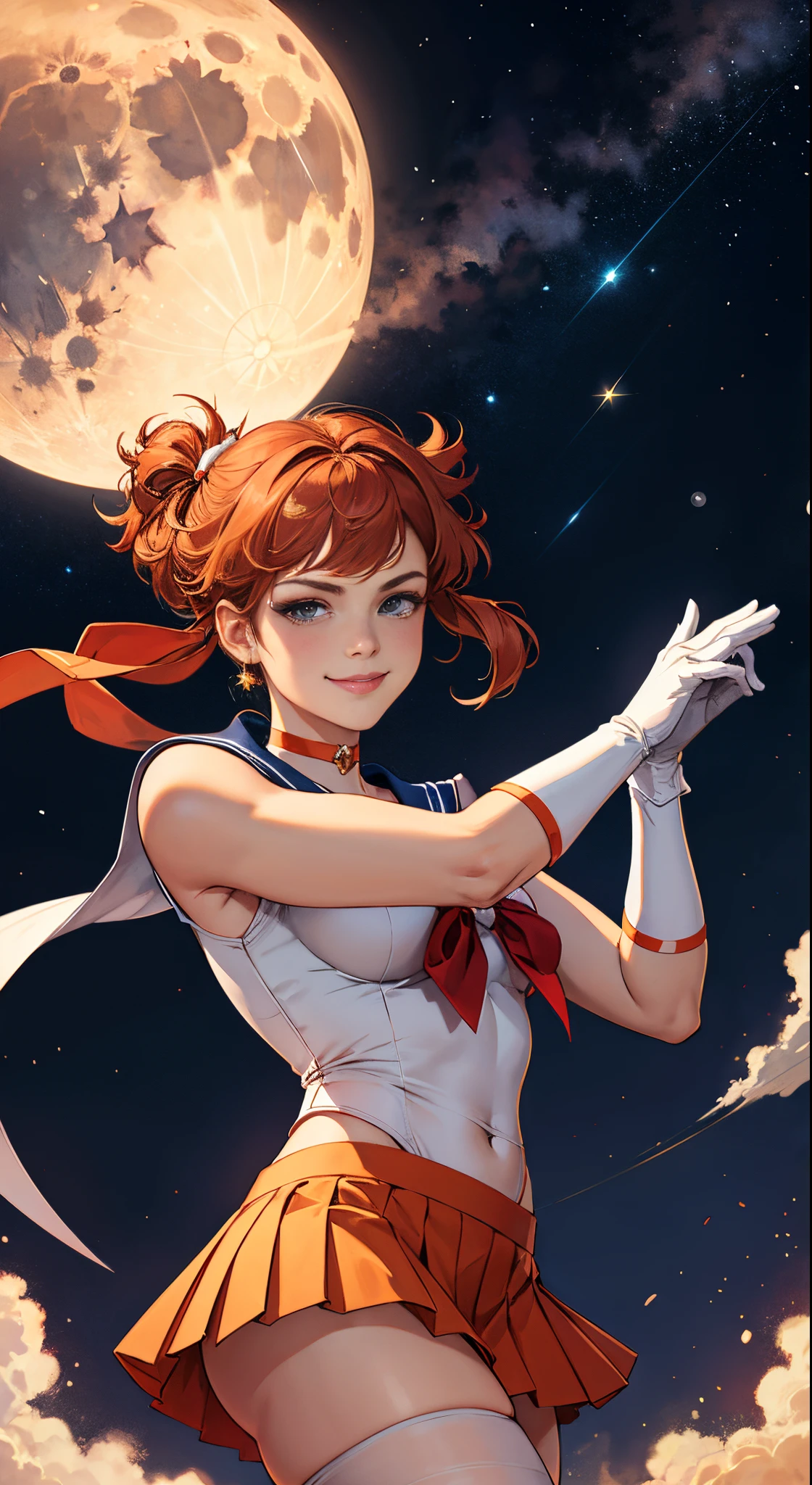 masutepiece, Best Quality, hight resolution, SV1, Sailor Senshi Uniform, Orange skirt, pants white shortle view、elbow groves, tiarra, Pleated skirt, Flipping up a miniskirt, White panty、Red bow, orangechoker, White Gloves, Jewelry, Starry sky, badass pose, slight smile, Portrait, floating, Moon, Upper body