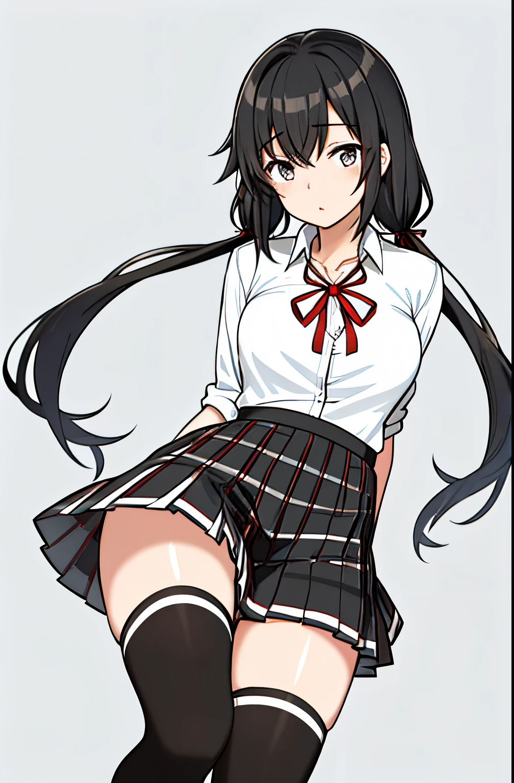 yukino yukinoshita, absurdres, highres, solo, school uniform, big breasts, waist long black hair, twintails, miniskirt, black thighhigh socks, loose red ribbon, unbuttoned white shirt