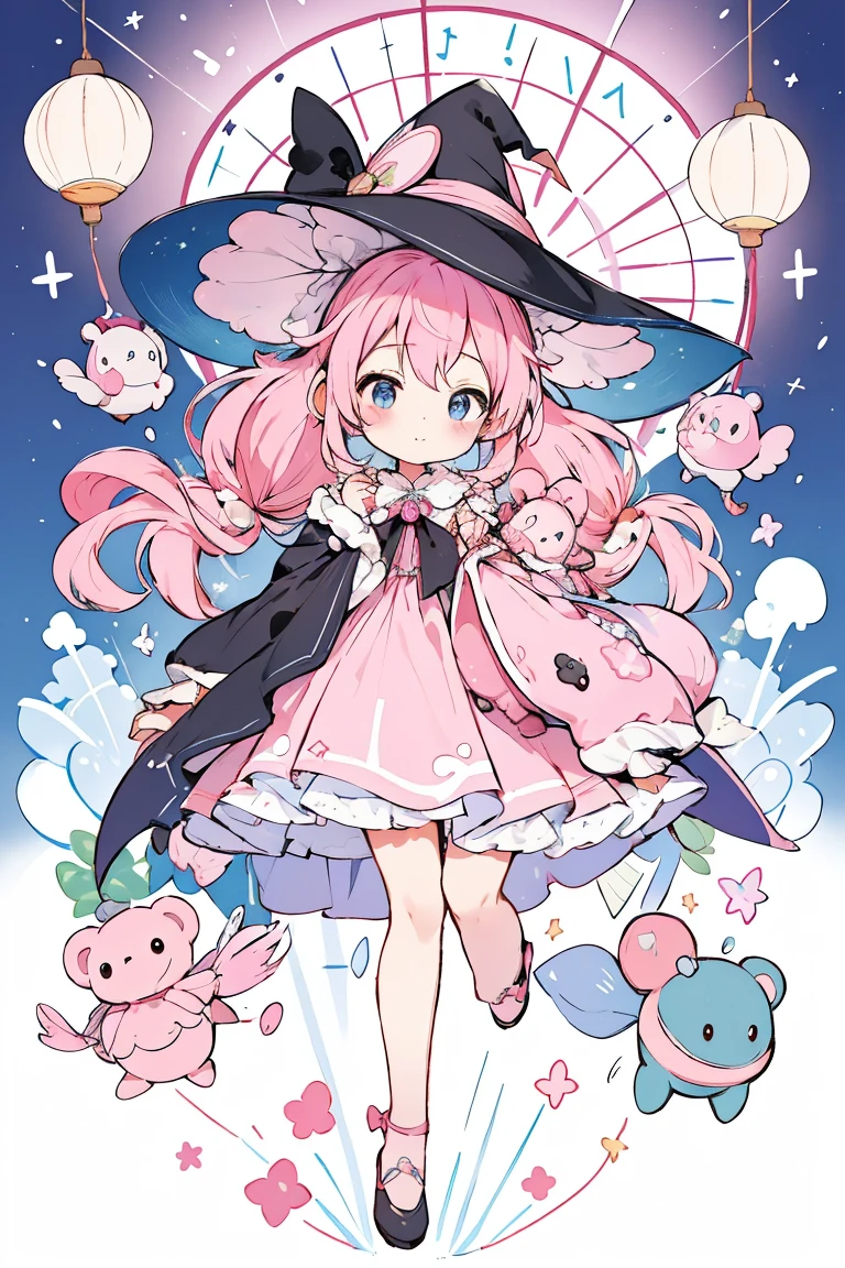 one-girl、Cute Baby Turtle、A very cute one、pastelcolor、Clothes in pastel colors、capes、a witch's hat、An amusement park、he Ferris wheel、pink skiealloons、Gradient hair、one with pink hair、lightblue hair、double tails、ribbon on head、holding a bear doll、masterpiece、image quality、quality、Very exquisite illustrationine portrayal、8K、Beautiful backgrounds Beautiful illustrations Excellent image quality、