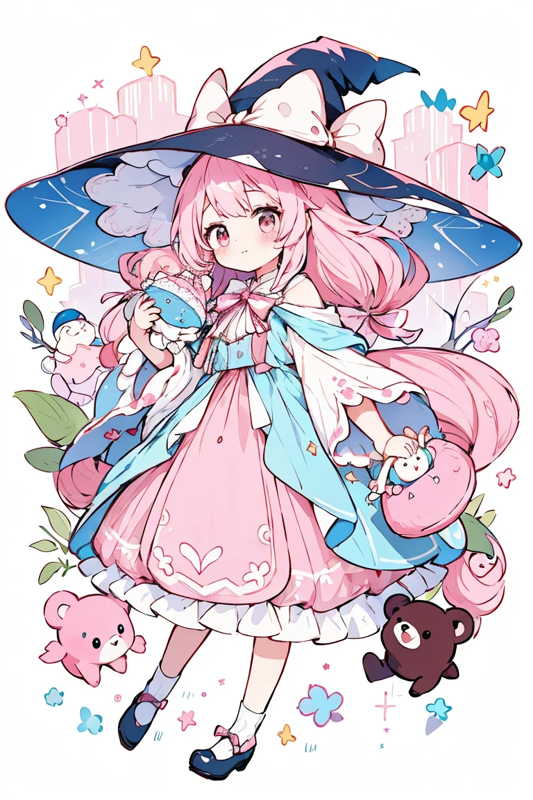 one-girl、e Babrtle、A very cute one、pastelcolor、Clothes in pastel colors、capes、a witch's hat、An amusement park、he Ferris wheel、pink skiealloons、Gradient hair、one with pink hair、lightblue hair、double tails、ribbon on head、holding a bear doll、masterpiece、image quality、quality、Very exquisite illustrationine portrayal、8K、Beautiful backgrounds Beautiful illustrations Excellent image quality、