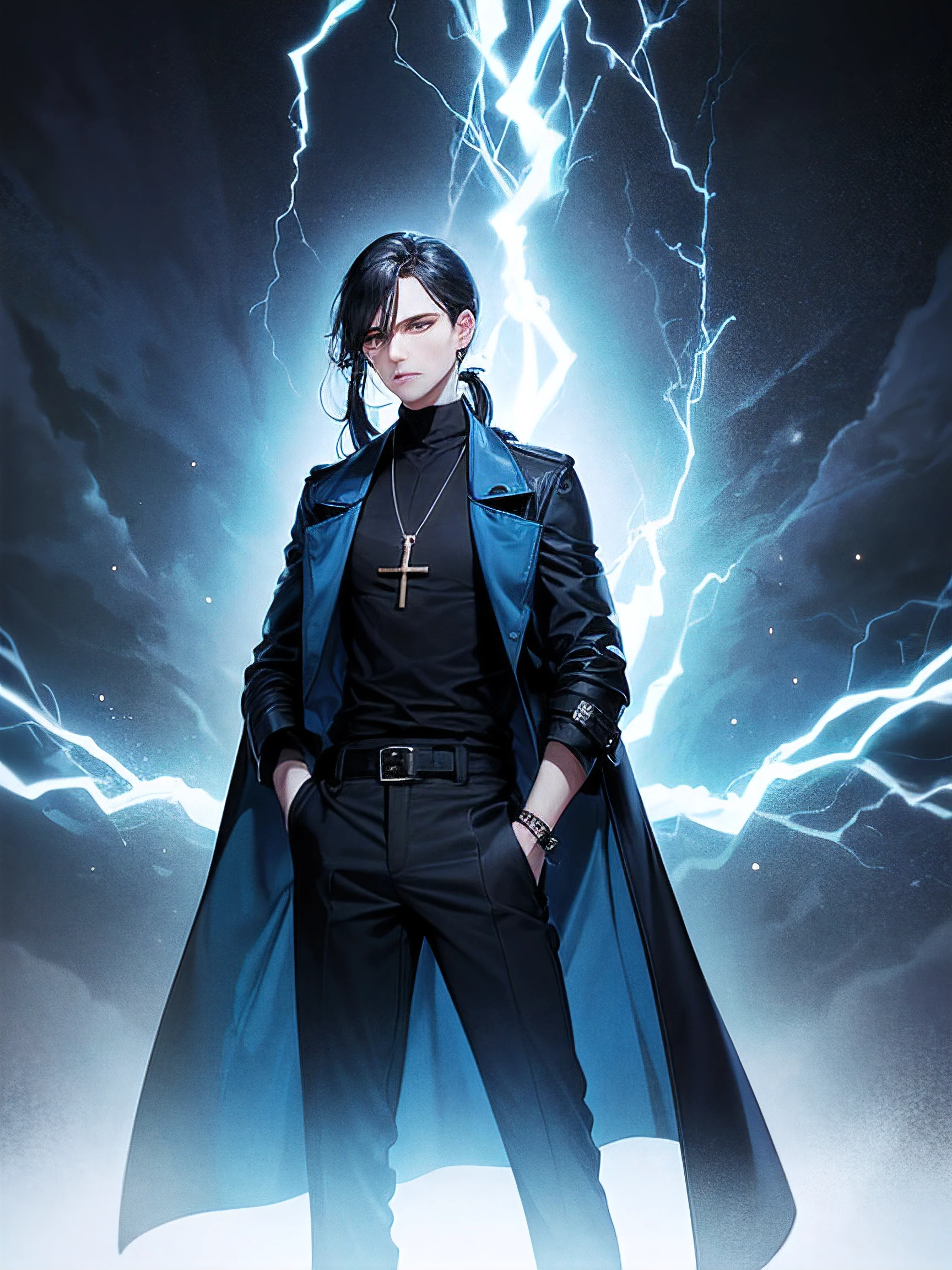 epic image, (medium portrait:0.7), sole-male, tall man, priest, long black hair, ponytail, gray eyes, confident, emotionless look on his face, cross necklace, (blue trench coat over a black shirt:1.3), (standing sideways:1.3), holding a sword in one hand, blue flames and lightning in background