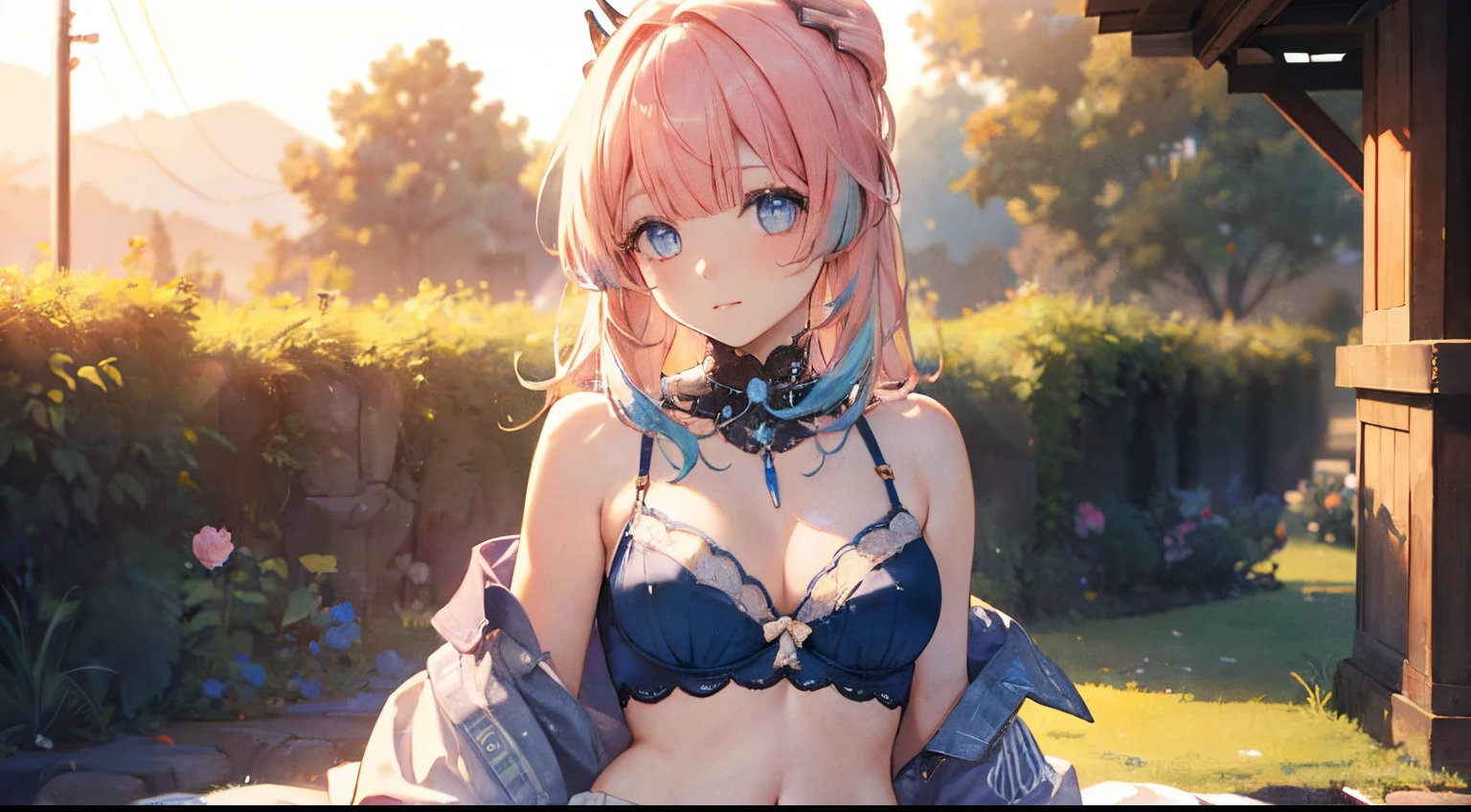 (best quality,4k,8k,highres,masterpiece:1.2),ultra-detailed,(realistic,photorealistic,photo-realistic:1.37), (blue eyes:1.2), (small breast:1.2), hair ornament, looking at viewer, (cowboy shot:1.5), idol girl, delicate and beautiful face, intricate details, super cute girl, in a beautiful garden with super beautiful flowers, delicate and beautiful face, mature girl, idol girl, super beautiful asian girl with super beautiful glowing eyes, super beautiful glowing multicolored hair, super cute hairstyle,Best quality, pink hair, large breasts, cleavage, navel, t-shirt, ((bra)),clothes lift, skirt, lying, full Body, perfect body ,sitting, armpit