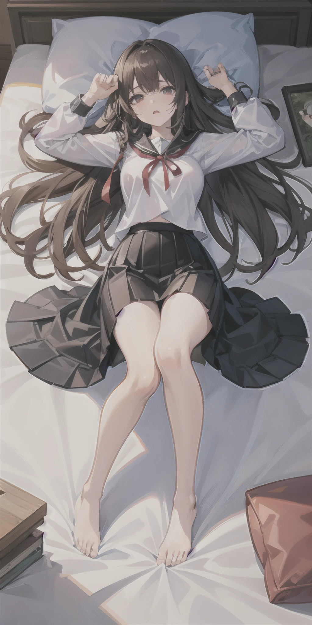 tmasterpiece， quality， A high resolution， 独奏， inside in room， white  shirt， a black skirt， Red ribbons， ， ， Side tie tong， lying down， from the above， Arms spread wide， vred， Bedessy outfit， Heavy breathing， sexual expressio