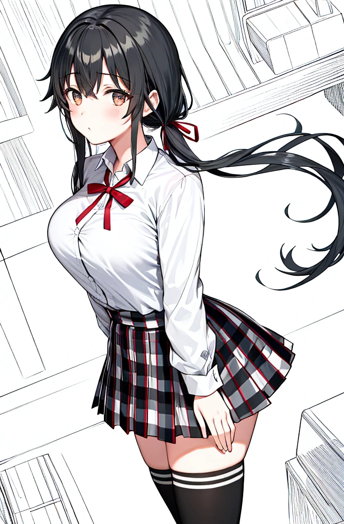 1 girl as yukino yukinoshita, absurdres,  highres, solo, school uniform, big breasts, waist long black hair, twintails, miniskirt, black thighhigh socks, loose red ribbon, unbuttoned white shirt