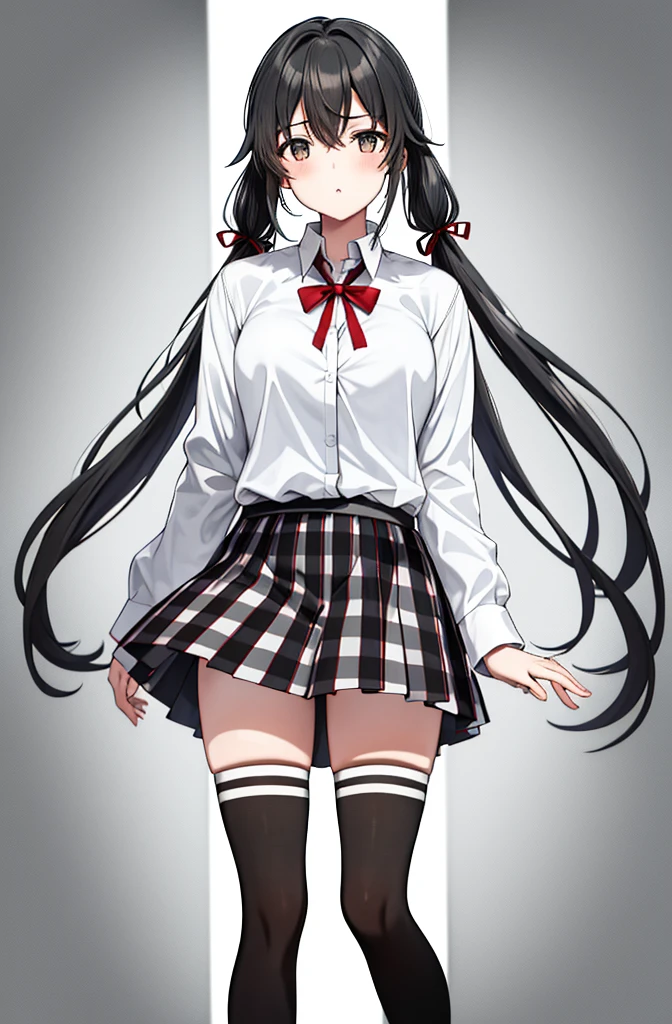 1 girl as yukino yukinoshita, absurdres, highres, solo, school uniform, big breasts, waist long black hair, twintails, miniskirt, black thighhigh socks, loose red ribbon, unbuttoned white shirt