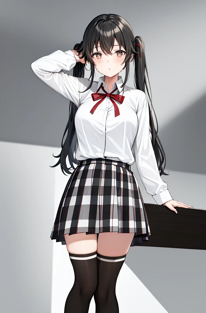 1 girl as yukino yukinoshita, absurdres, highres, solo, school uniform, big breasts, waist long black hair, twintails, miniskirt, black thighhigh socks, loose red ribbon, unbuttoned white shirt