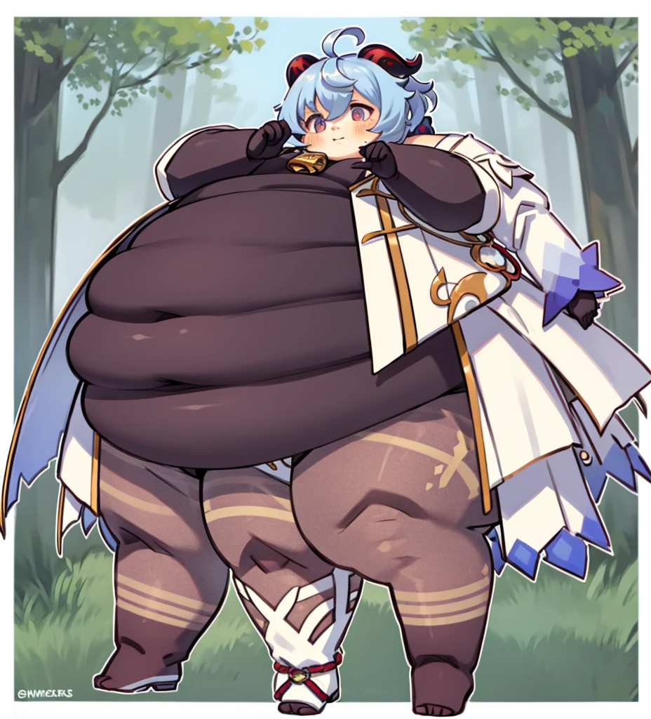 masterpiece, high quality,4K, perfect anatomy, obese ganyudef, chibi, full body, forest background, high details, fat ganyurnd, fat Ganyu