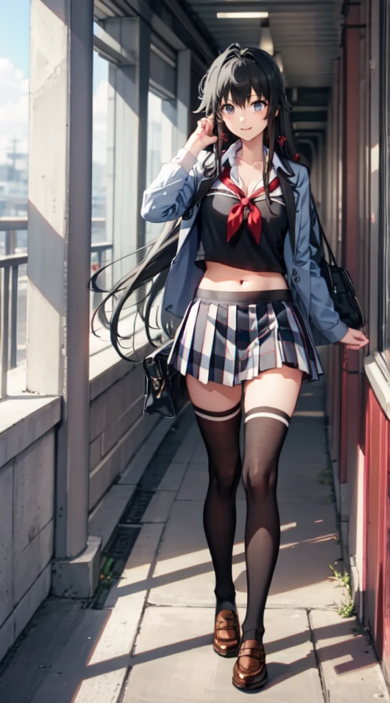 Yukino yukinoshita, long hair, cleavage, navel, slim legs, black hair, blue eyes, short skirt, thigh high socks, , happy, school uniform, corridor, Belly, full body