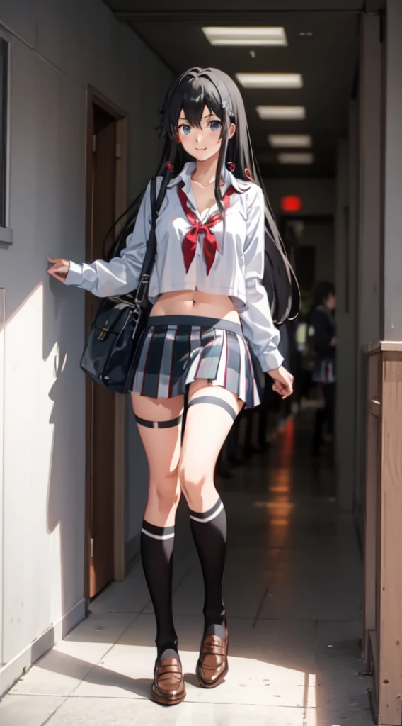Yukino yukinoshita, long hair, cleavage, navel, slim legs, black hair, blue eyes, short skirt, thigh high socks, , happy, school uniform, corridor, Belly, full body