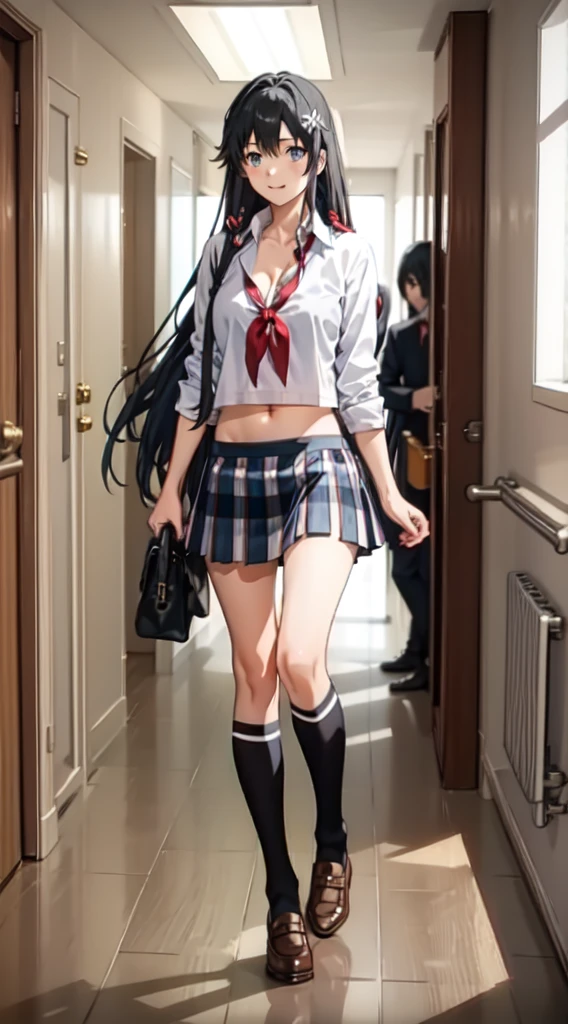 Yukino yukinoshita, long hair, cleavage, navel, slim legs, black hair, blue eyes, short skirt, thigh high socks, , happy, school uniform, corridor, Belly, full body