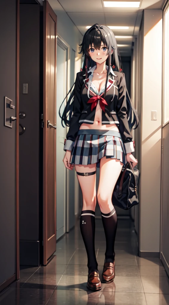 Yukino yukinoshita, long hair, cleavage, navel, slim legs, black hair, blue eyes,  short skirt, thigh high socks, , happy, school uniform, corridor, Belly, full body