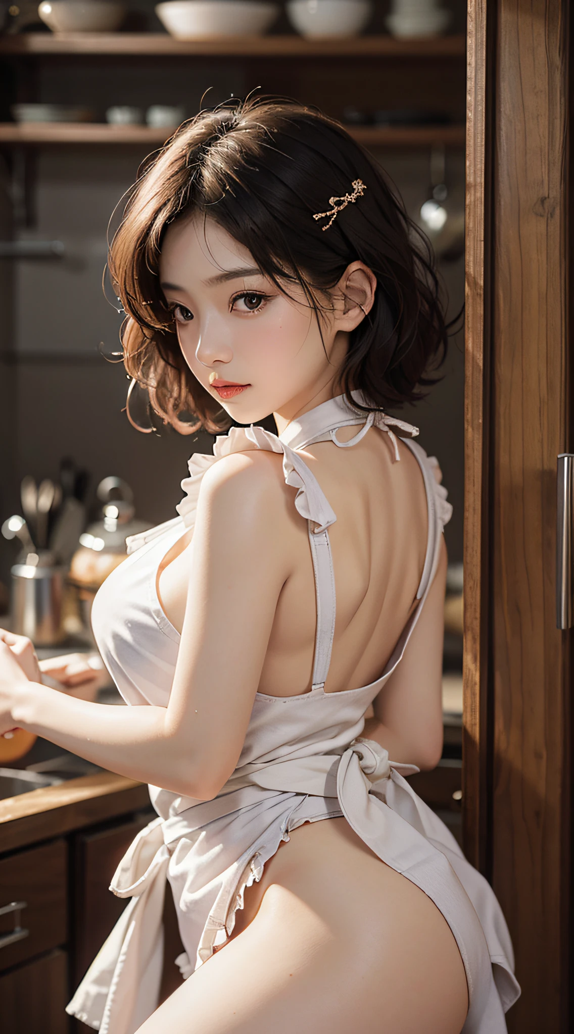 (a closeup:1.4)、(Raw photography:1.2)、(Photorealsitic:1.4)、(masterpiece:1.3)、(top-quality:1.4)、(Beautiful woman with perfect body:1.4)、Japan Young Women、独奏、7headed body、(kawaii:1.2)、(FULL BODYSHOT)、(Slender and beautiful girl)、(middlebreasts:1.5)、beauty breast、Transverse breasts、Healthy complexion、shiny white skin、(short cut hair)、(beautifully detailed eyes)、(charming big eyes)、(beautiful double eyelid)、(beautiful and detailed face)、(beautiful small ass)、pale pink blush、eyeshadows、Beautiful skin、Healthy skin、(perfect anatomia:1.2)、(Kitchen Apron、NAKED Apron:1.3)、(Beautiful legs、Attractive thighs:1.3)、