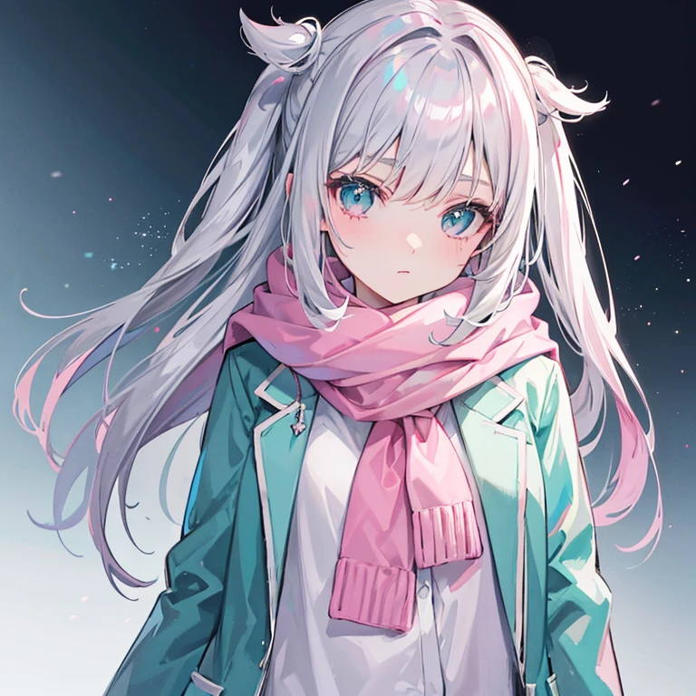 Gray pink Bangulu green pupils,Wear a silver-white jacket and pink sweater,Wearing a blue scarf,It's a cute girl