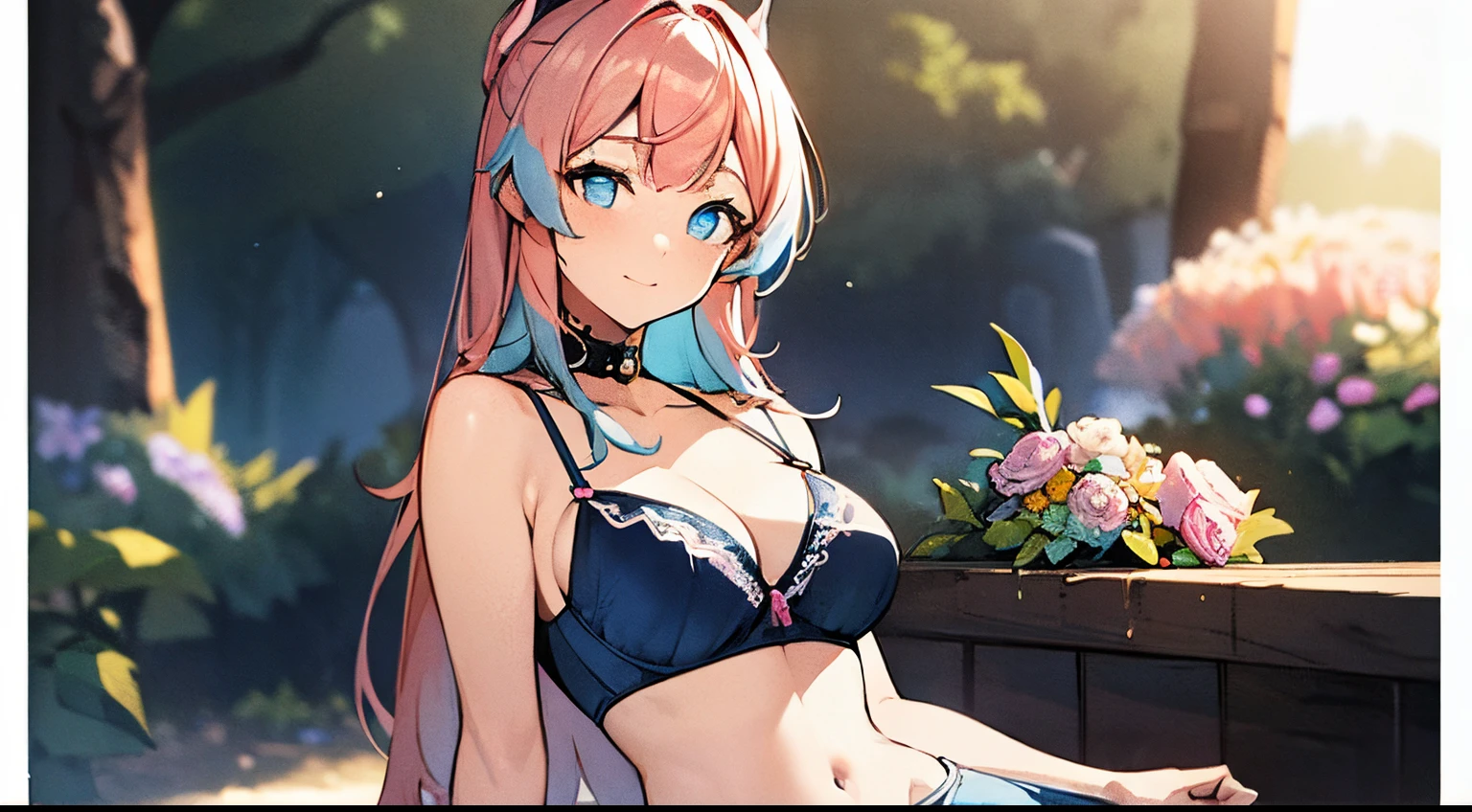 (best quality,4k,8k,highres,masterpiece:1.2),ultra-detailed,(realistic,photorealistic,photo-realistic:1.37), (blue eyes:1.2), (small breast:1.2), hair ornament, looking at viewer, (cowboy shot:1.5), idol girl, delicate and beautiful face, intricate details, super cute girl, in a beautiful garden with super beautiful flowers, delicate and beautiful face, mature girl, idol girl, super beautiful asian girl with super beautiful glowing eyes, super beautiful glowing multicolored hair, super cute hairstyle,Best quality, pink hair, large breasts, cleavage, navel, t-shirt, ((bra)),clothes lift, skirt, lying, full Body, perfect body ,sitting, armpit