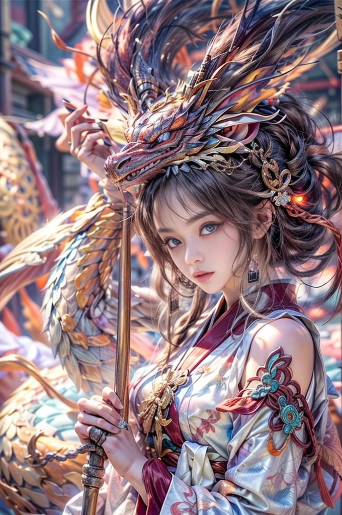 (Photoreal Stick:1.4, masutepiece:1..3, 8K), top-quality, masterpiece, 超A high resolution, Perfect dynamic composition, Professional camera work, Grow Light Effect, Mystical portrait, Cinematic Light, Highly detailed skin and facial texture:1.3, The ultra-detailliert, Detailed hand, A detailed eye, (riding a dragon, carry a long noble staff), (myterious:1.3, Fanciful:1.2, tradition:1.2, majestueux:1.2), 1girl in, 25-years old, cute and sexy slim goddess, Fair skin, (Enraptured look:0.9, Totally captivates you:1.0), (japanese miko costume:1.3), (voluptuous breasts:0.9), (Backshots, Calm pose), (Beautiful blue eyes, Eyes that feel beautiful eros:0.85), Sexy face:0.4, (A mouthfeel that feels beautiful eros:0.85), ((Too cute beauty:0.9)), Fantastic background