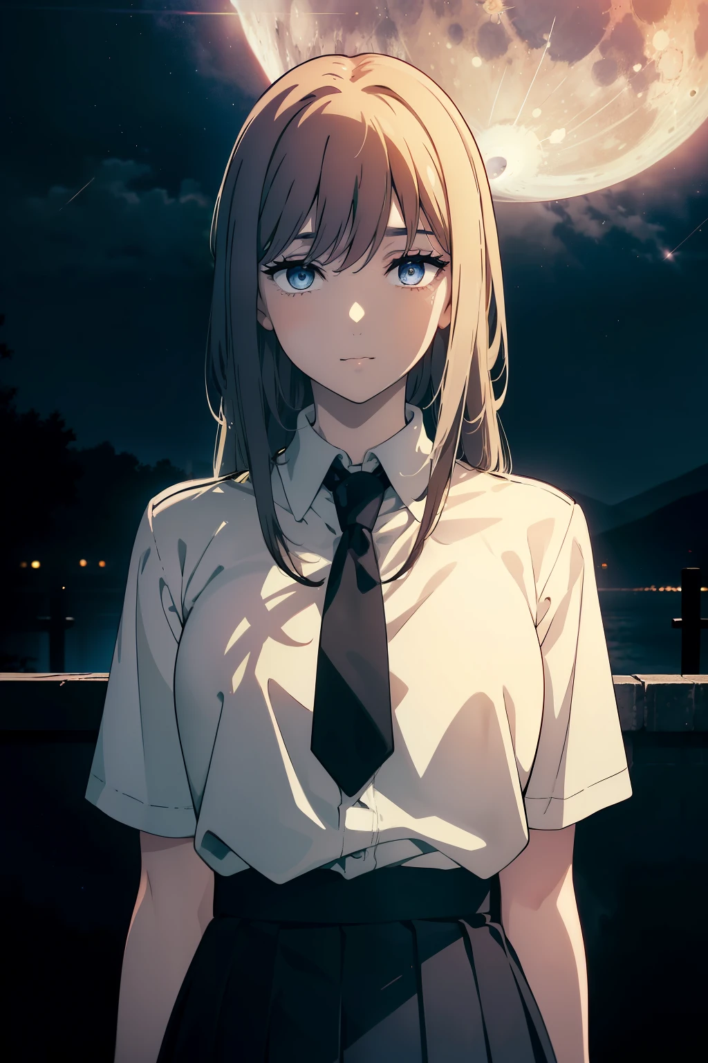 (Obra maestra, La mejor calidad, ultrahigh resolution), 1girl, standing, school uniform, white office shirt, black pleated skirt, ((light brown hair:0.7)), long hair cut, pale skin, ((blue eyes)), glowing_eyes, neon eyes, (ultra detailed eyes, beautiful and detailed face, detailed eyes), ((centered)), smile, ((wide shot)), facing viewer, eye level, (blurry background, night sky background), flat chested, looking at viewer, ((half closed eyes)), ((perfect hands)), (((head, arms, hips, elbows, in view))), ((hands behind back)), empty eyes, beautiful lighting, outside, outdoors, shooting star:0.7, background, defined subject, massive moon, 25 years old