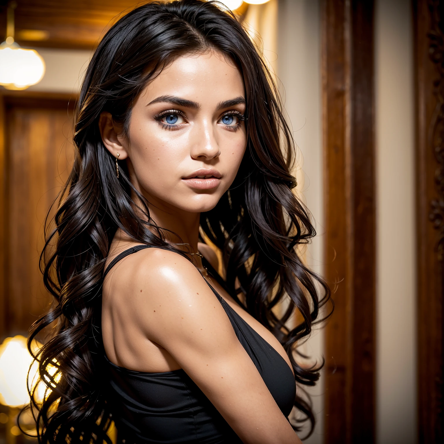 Sexy woman, in black dress in public place, Albanian, 24 years, cute, neat face, detailed, small neat nose, neat plump lips, big eyes, blue eyes, long hair, curly hair, natural shine, chocolate hair, portrait, focus on face, gorgeous,western, hot girl, (masterpiece), best quality, high resolution, extremely detailed, depth of field