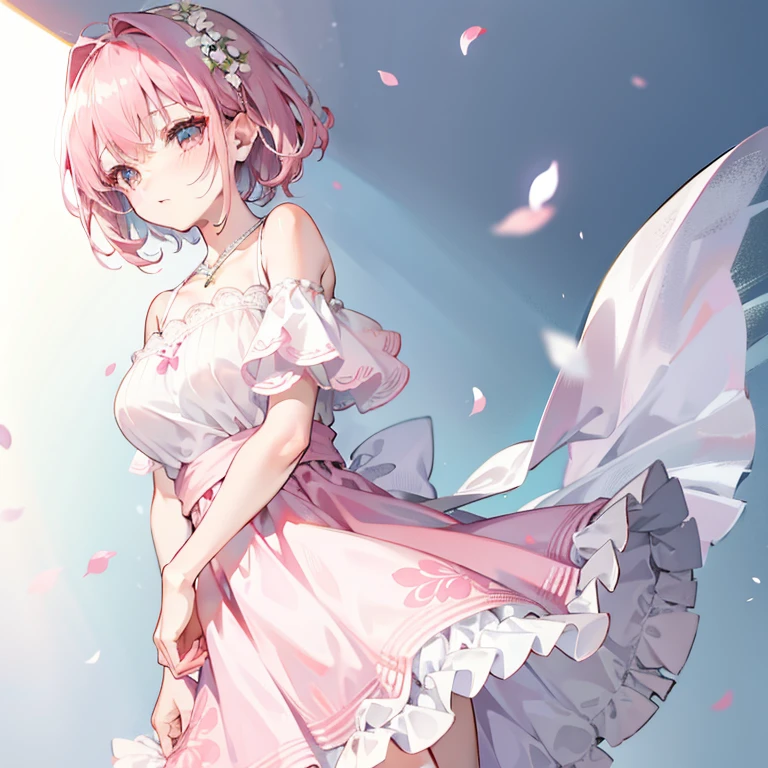 Pink and white off-the-shoulder short hair,Scalloped white floral dress,Dignified and lovely teacher, beuaty girl