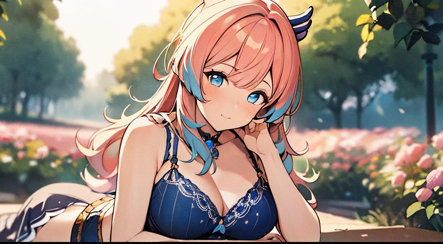 (best quality,4k,8k,highres,masterpiece:1.2),ultra-detailed,(realistic,photorealistic,photo-realistic:1.37), (blue eyes:1.2), (small breast:1.2), hair ornament, looking at viewer, (cowboy shot:1.5), idol girl, delicate and beautiful face, intricate details, super cute girl, in a beautiful garden with super beautiful flowers, delicate and beautiful face, mature girl, idol girl, super beautiful asian girl with super beautiful glowing eyes, super beautiful glowing multicolored hair, super cute hairstyle,Best quality, pink hair, large breasts, cleavage, navel, t-shirt, ((bra)),clothes lift, skirt, lying, full Body, perfect body ,sitting, armpit