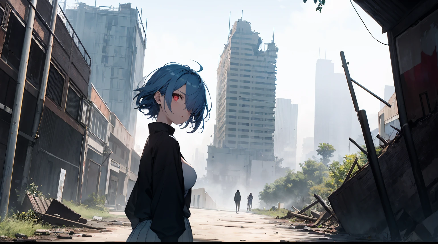 ((tmasterpiece:1.4, Best quality))+, (hyper-detailing)+, (exquisite red eye:1.5)+, (Detailed ears:1.5), (cute girls), (The shirt,a white long skirt:1.5), Tight white silk, Short hair details, long braid,Bite your hair,no headwear,(Black flowers:1.2), pale-skinned, (white cloth:1.5), (Black Martin boots:1.4), old castle,Surrounded by huge black trees, The whole city shrouded in thick fog,Mechanicalweapon, Slim pants ,Huge ruins,Giant black crystals are scattered throughout the city,Looking up at tall buildings from the street,Flying dust,(hunters:1.1), (dawn light:1.2), ), (closeup cleavage:1.1), the only person, bell, bright blue hair, hair covering one eye, V-shaped eyebrows, Gloom (have expressed), from back, from the above, Best quality, A high resolution, high detal, high high quality, 16k