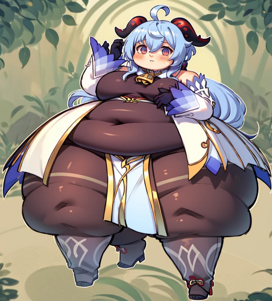 masterpiece, high quality,4K, obese ganyudef, chibi, full body, forest background, high details, fat ganyurnd, fat Ganyu