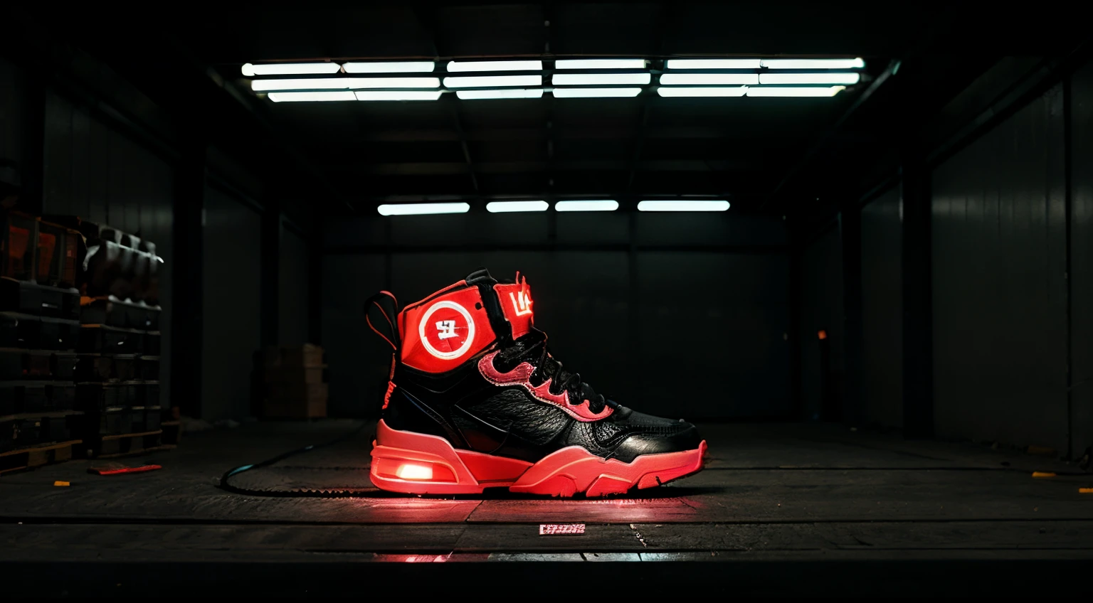 a giant neon shoe in a dark warehouse