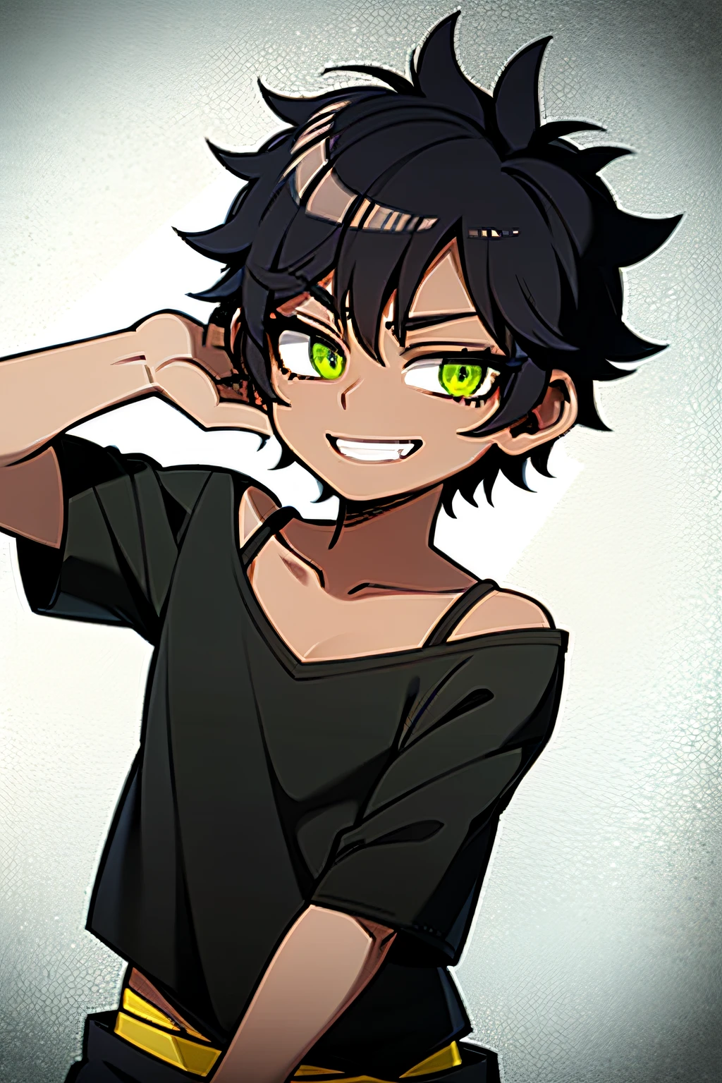 1 Cute black man. Shaved short black hair. Glowing Lime Green Eyes. Green loose T-shirt. Dark grey Long Shorts. Happy Expression.