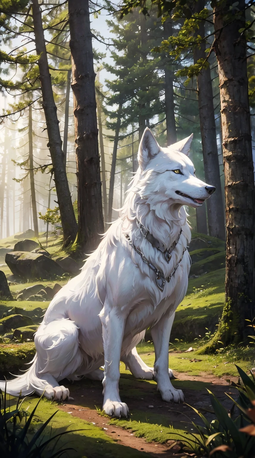 A white dog stands next to a tree in the forest, Photos inspired by Wolfhuber, unsplash, conceptual art, photo of wolf, White wolf, wolves and their treasures, Wolf companion, looking majestic in forest, Great Wolf, wolf, lone wolf, Still from Nature Documentary, Still from Nature Documentary