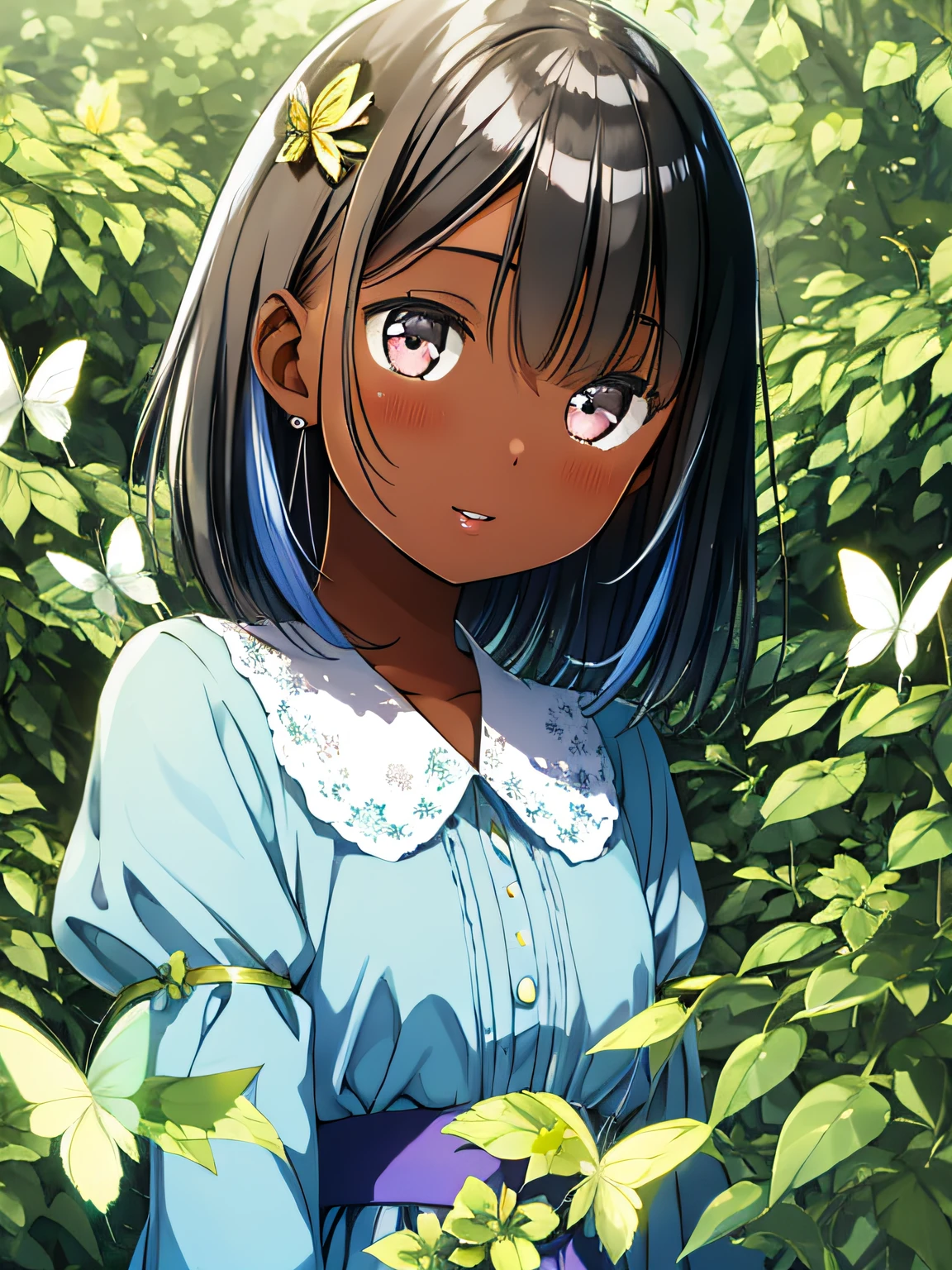 (High quality,Realistic),(Portrait,Concept Artist),(dark-skinned girl with bob hairstyle),Beautiful detailed eyes,Beautiful detailed lips,extra detailed face,Sharp Focus,Studio Lighting,Bokeh,Vivid colors,Paint color,Soft shadows,twigs of hair surrounding the face,Wear stylish outfits,Confident expression,friendly and welcoming atmosphere,Faint smile,tilt your head slowly,colorful flower々Standing in a lively garden,Butterfly flapping its wings,Under the warm sunshine,rich greenery and tall trees々々Background filled with,Ethereal Atmosphere,Theme inspired by Alice in Wonderland,subtle surreal elements,dreamy quality