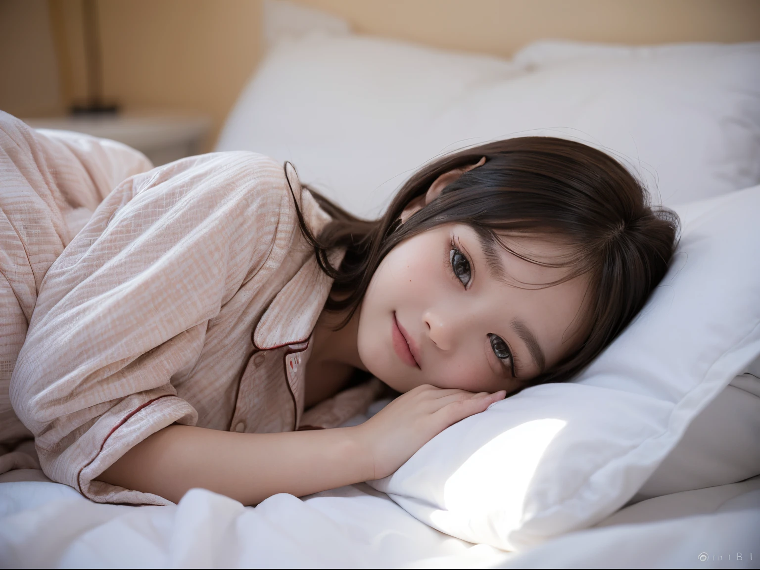 (High Picture Quality,High- sharpness,Photographic tones,Vertical lens view,(Brunette loli,13 year old,small stature,wearing pajamas),shrink into a ball,ssmile,affinity,Natural soft light,white bed sheet,Lying on the sheets.