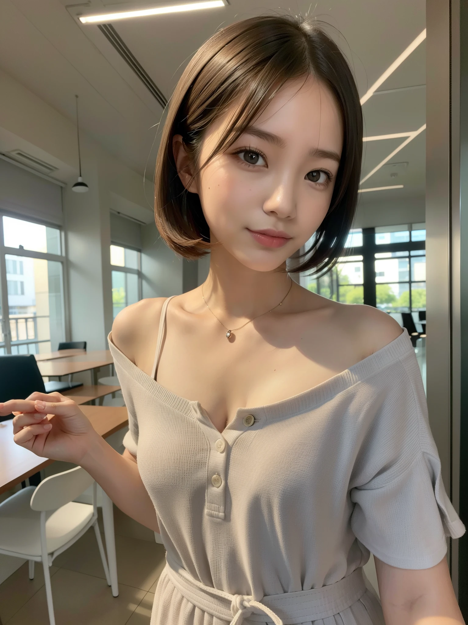 ((of the highest quality, 8K, masutepiece: 1.3, Raw photo)), Sharp Focus: 1.2, (1 AESPA Girl :1.1), Solo, (Realistic, Photorealistic: 1.37), (Face Focus: 1.1), Cute face, hyperdetailed face, (short messy hair: 1.2), updo, Small Smile, Small breasts, flat chest, nude, (Neat cotton dress, Thigh: 1.2), office lobby, table, book