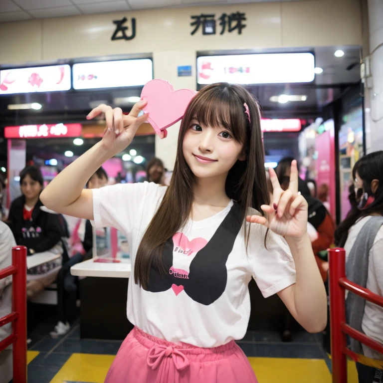 Long hair Japanese girl purikura heart pose