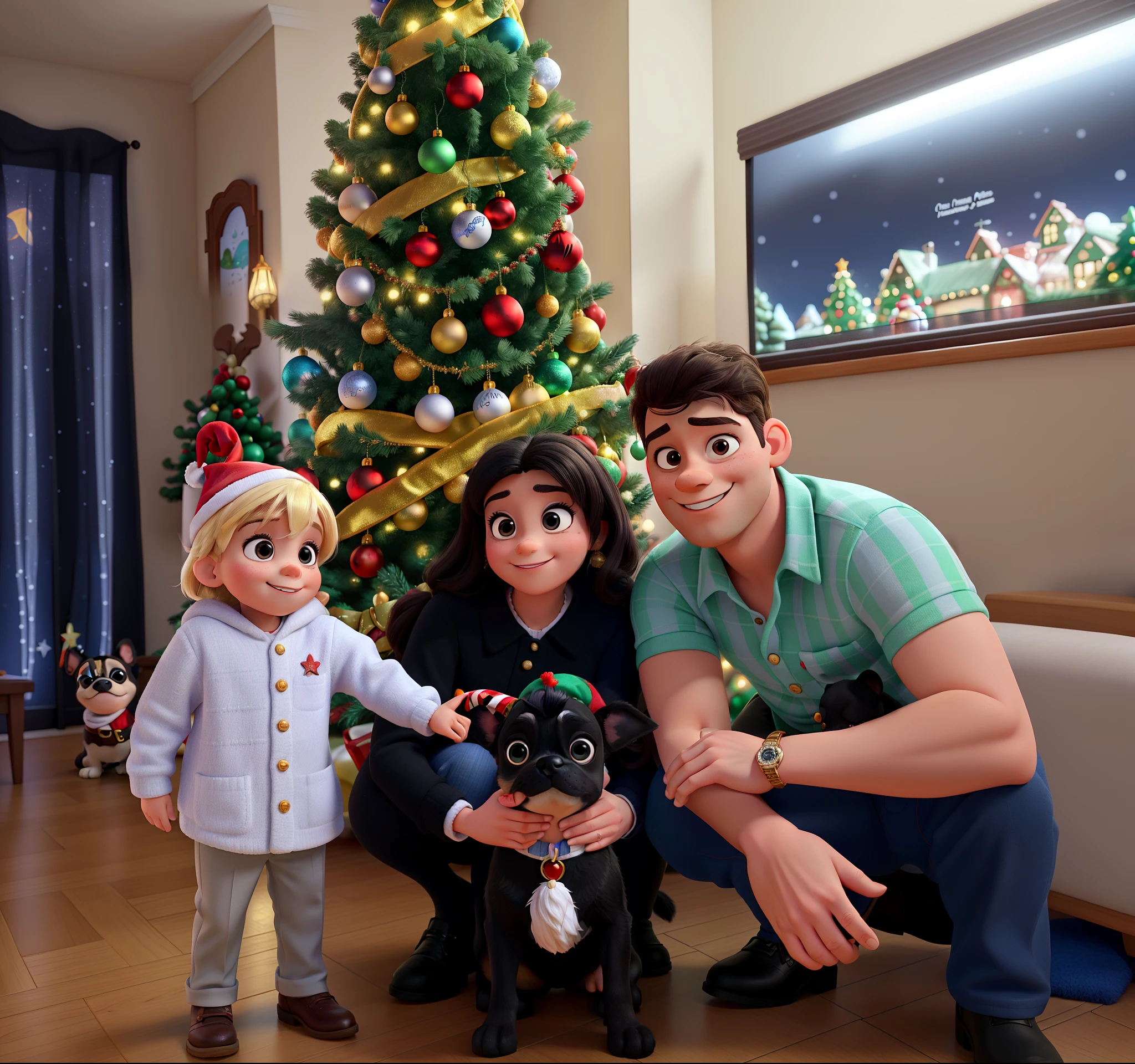 Imagen estilo Disney Pixar con un hombre, una mujer, One blonde boy dressed in Christmas clothes smiling and a black French bulldog dog, taking a selfie in front of a Christmas tree, la noche, With a tree in the background and flashing lights and gifts in the background...., Temporada de vacaciones, happy family with santa hats.
