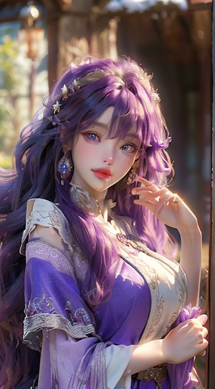 ((Best quality)), ((masterpiece)), (detailed:1.4), 3D, an image of a beautiful angle female,HDR (High Dynamic Range), long and curly bright purple hair, angelic face, bright purple eyes, plump red lips, snow white skin