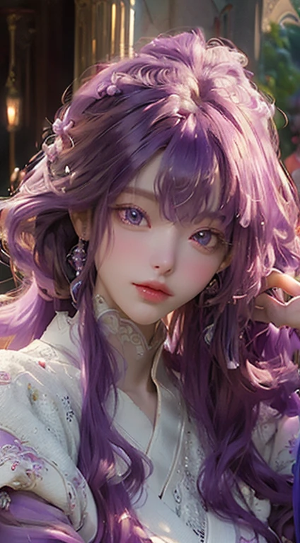 ((Best quality)), ((masterpiece)), (detailed:1.4), 3D, an image of a beautiful angle female,HDR (High Dynamic Range), long and curly bright purple hair, angelic face, bright purple eyes, plump red lips, snow white skin