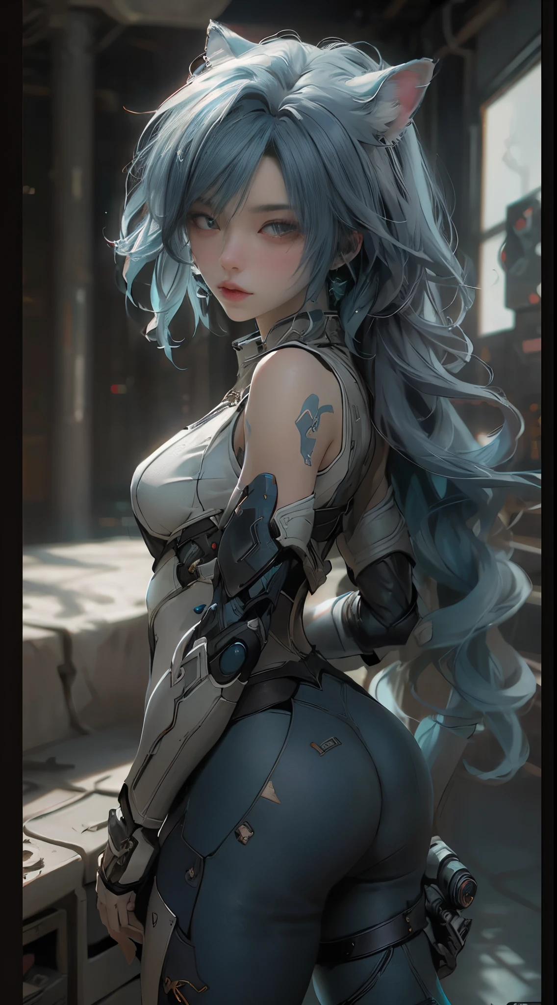 ((Best Quality)), ((Masterpiece)), (Detail: 1.4), 3D,posing from behind A Beautiful Cyberpunk Female Figure, Blue Hair, Mercenary Armor, Cat Ears, HDR (High Dynamic Range), Ray Tracing, NVIDIA RTX, Super-Resolution, Unreal 5, Subsurface Scattering, PBR Texture, Post-Processing, Anisotropic Filtering, Depth of Field, Maximum Sharpness and Sharpness, Multi-layer Texture, Albedo and Highlight Map, Surface shading, Accurate simulation of light-material interactions, Perfect Proportions, Octane Render, Dichroic Light, Large Aperture, Low ISO, White Balance, Rule of Thirds, 8K RAW,