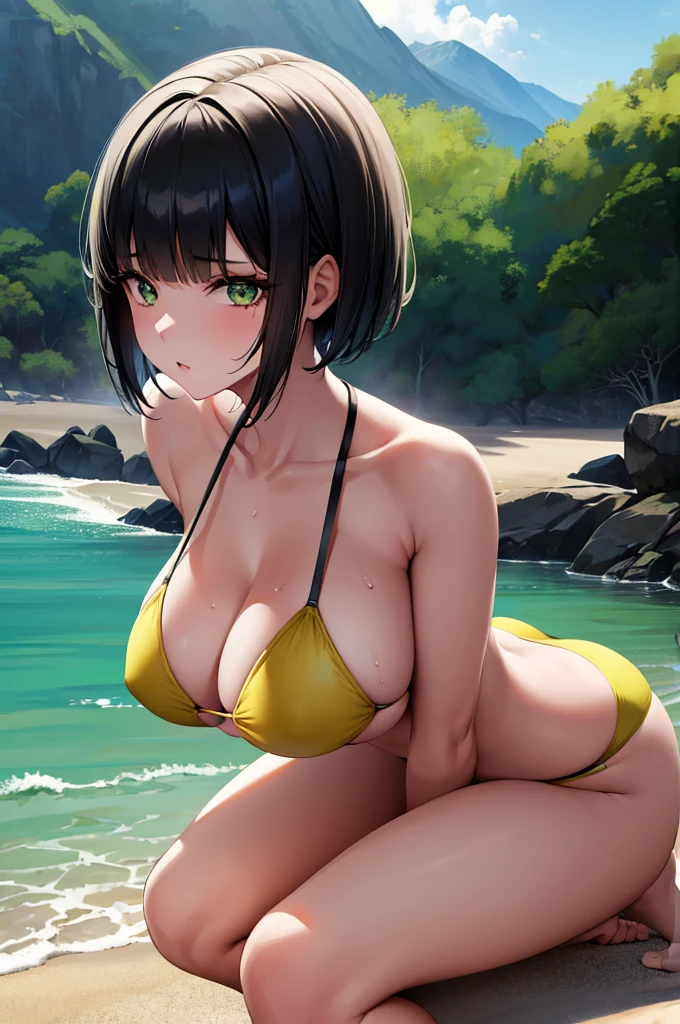 1girl, short black hair, green eyes, yellow bikini, seaside, absurdres, high res, ultrasharp, 8K, masterpiece, looking at viewer, tease