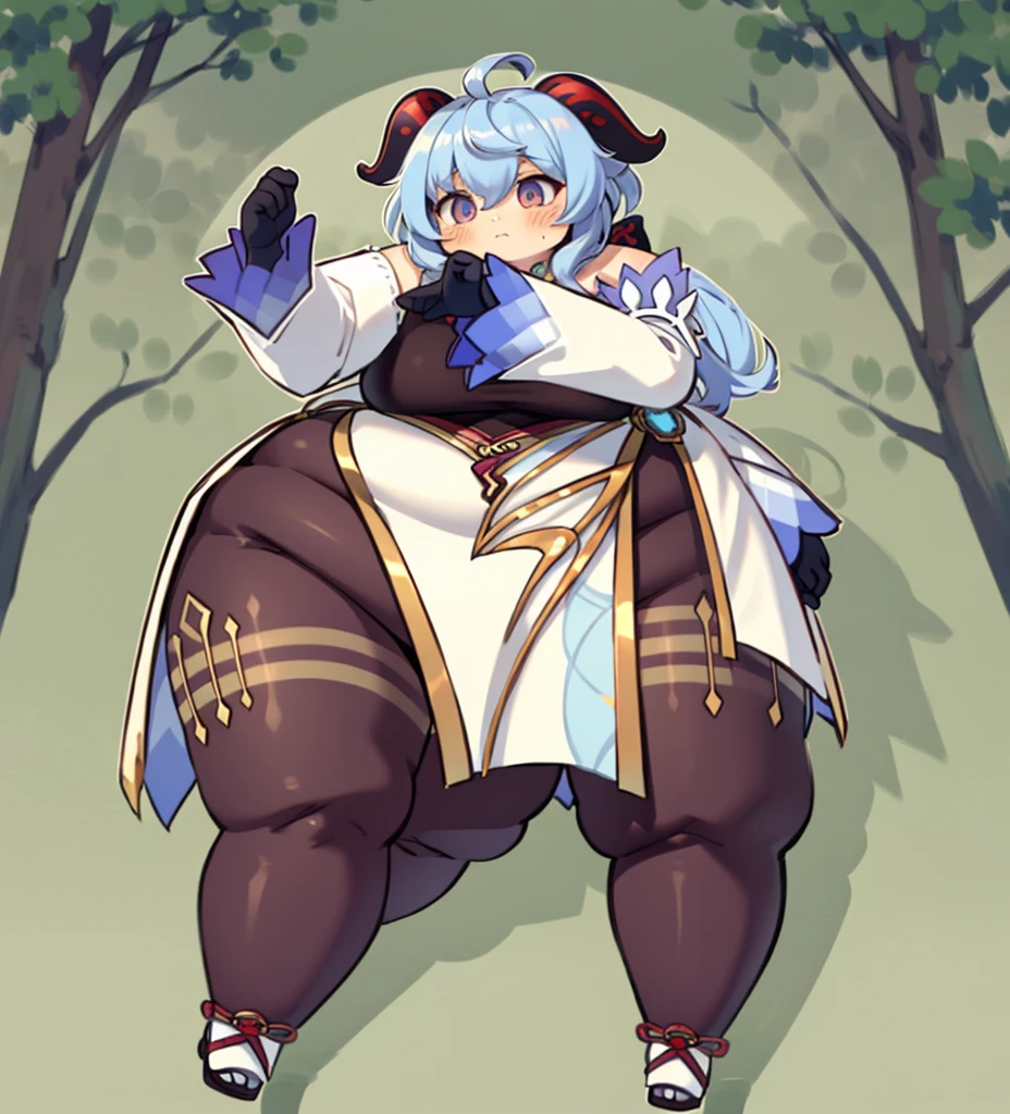 masterpiece, high quality,4K, obese ganyudef, chibi, full body, forest background, high details, fat ganyurnd, fat Ganyu