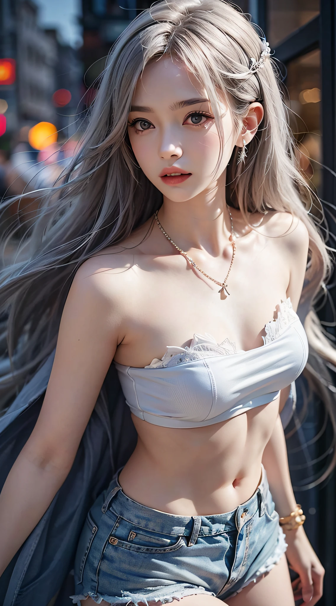 (a closeup:1.4)、(Raw photography:1.2)、(Photorealsitic:1.4)、(masterpiece:1.3)、(top-quality:1.4)、(Beautiful woman with perfect body:1.4)、(perfect anatomia:1.2)、Beautiful girl college student、masutepiece、Light makeup、Red lips、Silvery hair、messy long hair、Street background、Beautiful、elegent、Ultra-fine details、Master works、Real texture、cinematic lighting realism、Perfect job、in 8K、Exquisite facial features、White tight open cut top、Transparent white tight shorts、slim figure、Bright Big Eyes、耳环、a necklace、