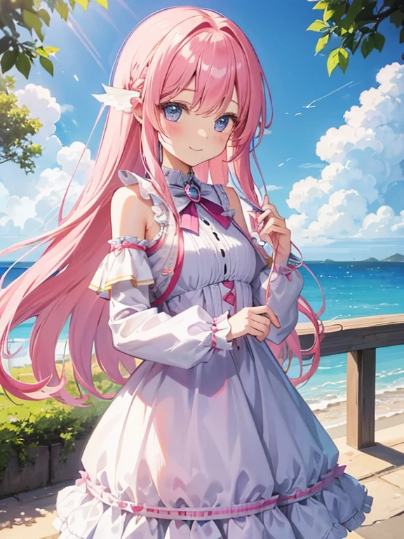 Girl with long pink hair、A high school girl as cute as a fairy、Mare, blues sky and cloudloor plan about the、Clothes that show the shoulders、A smile、contours、
