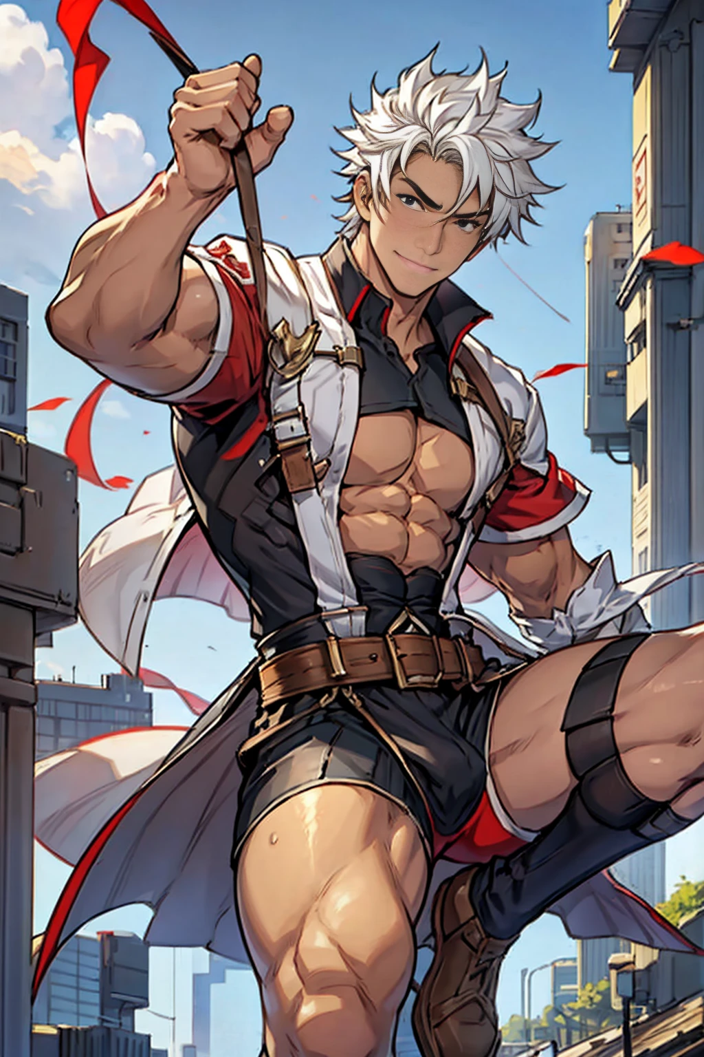 The highest image quality，male persons，Gamine，1 boy，Young and beautiful，Exhibited，White hair，short-length straighthair，Dark skin，anime，anime wallpaper，Alone，malefocus，underdressing，Dilation of the pectoral muscles，Protruding red lid，City Fund，spread your legs，sexy for,(main part, Best quality at best),Red martin white stockings，